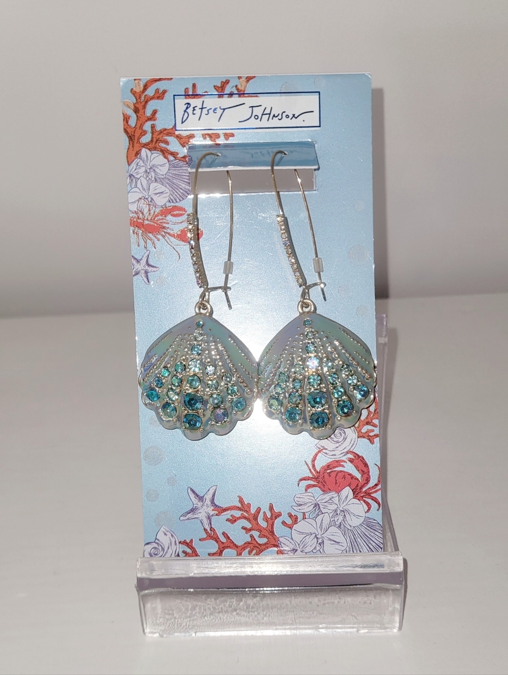 Betsey Johnson Iridescent Green & Aqua Shell Drop Earrings - Picture 3 of 4